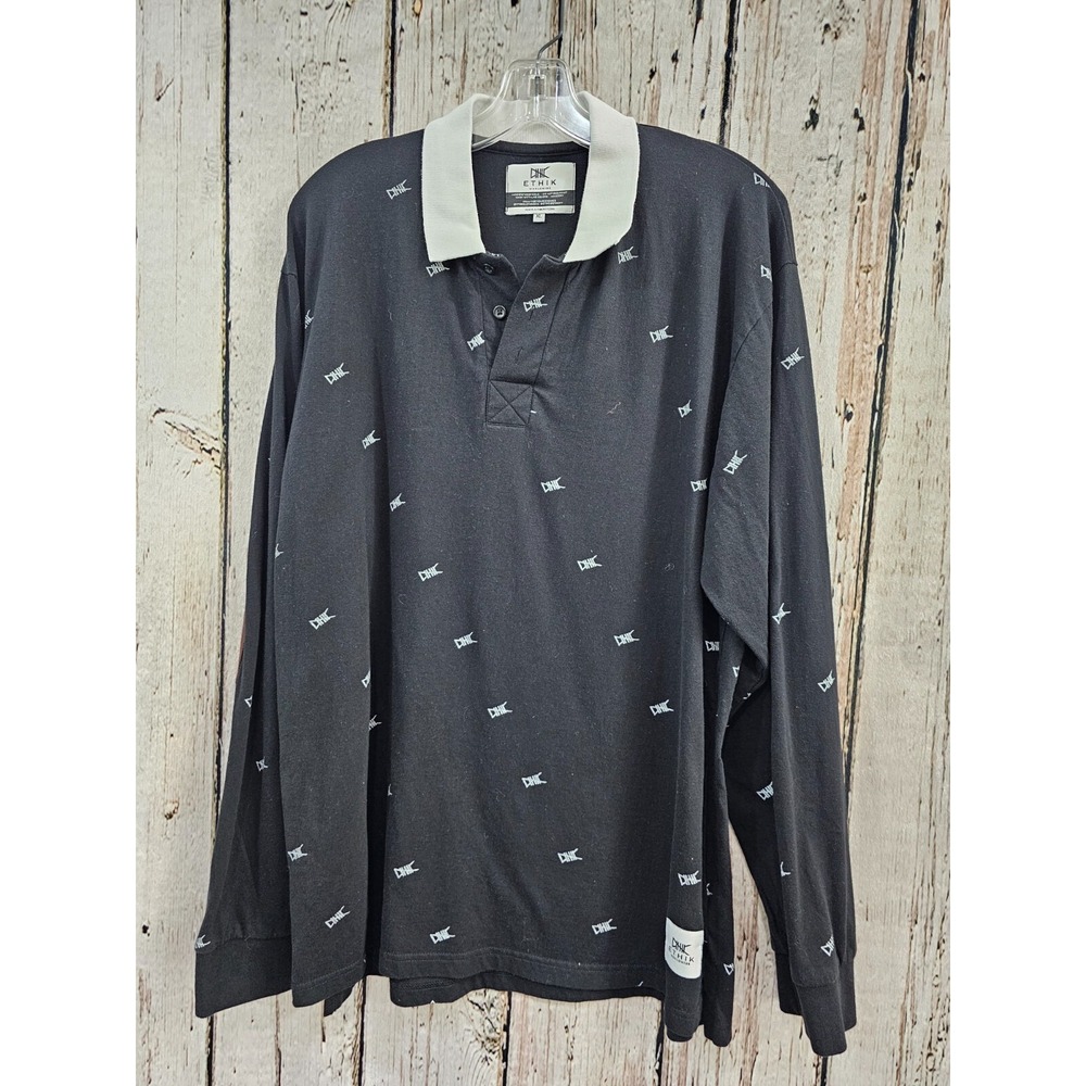 Men's XL Ethik WorldWide‎ Long Sleeve Black & White Polo Shirt T-Shirt Top EUC!